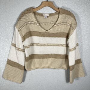 Sincerely Jules Oversized Boxy Cropped Sweater M Wide Ribbed Tan Cream Soft Cozy